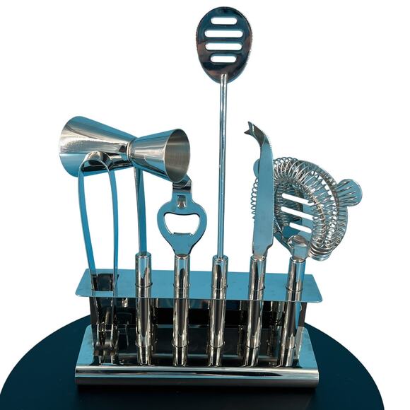Stainless Steel Bar Tools Six Piece Set and Stand Cocktail Party Bartender Drink - Picture 2 of 13